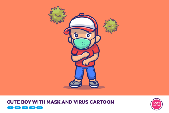 Cute Boy with Mask and Virus Graphics and Illustrations