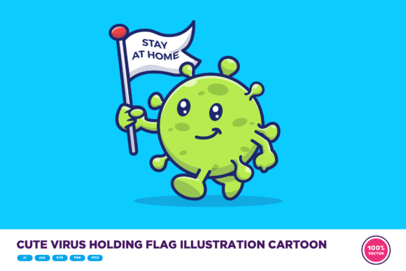Cute Virus Holding Flag Illustration: Graphics & Illustrations Review