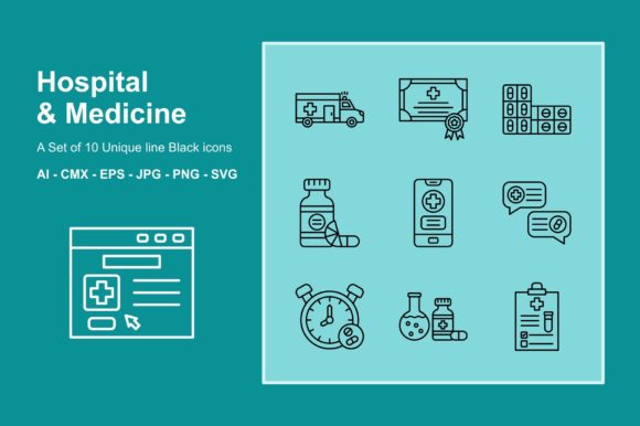 Hospital and Medicine Line Icon Set: Graphics and Icons