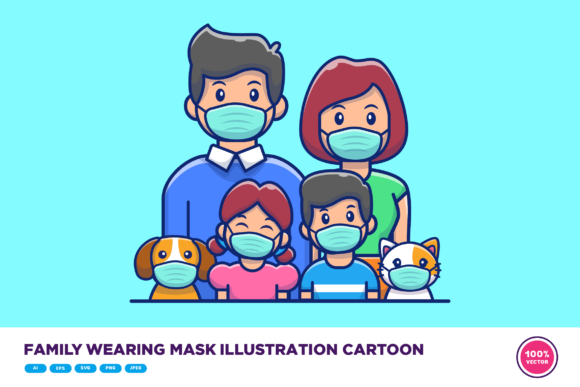Reviewing the Family Wearing Mask Illustration Cartoon for Embroidery